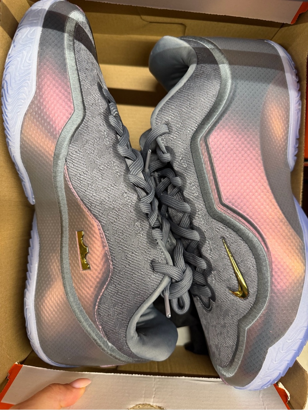 Nike Men’s Gray Iridescent Basketball Shoes with Gold Swoosh